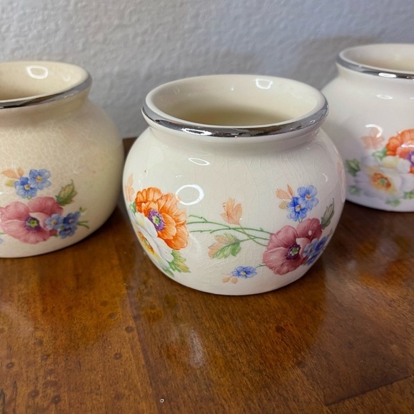 Vintage Bakerite 3.5" Earthenware Dishes w/ Flowers and Silver Trim Set of 3 - Picture 2 of 8